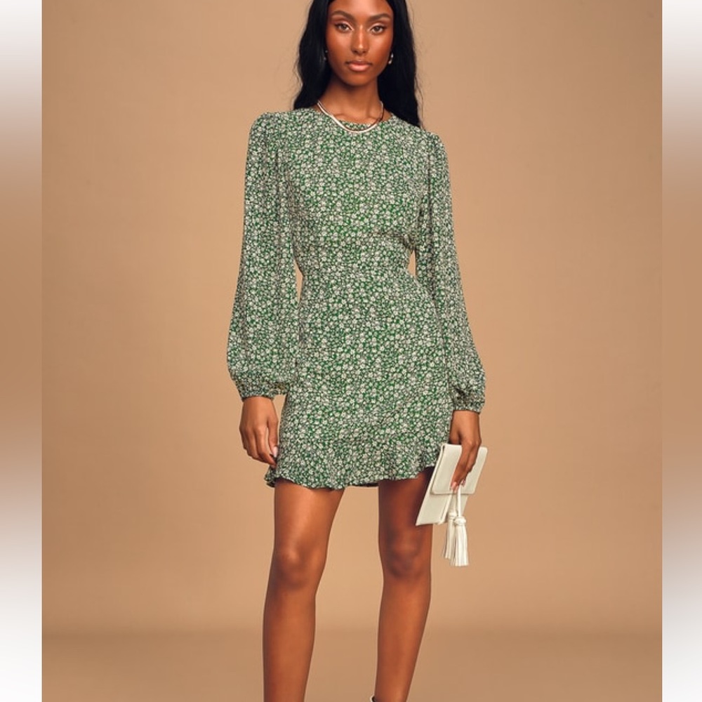 Green floral ruffled mini dress